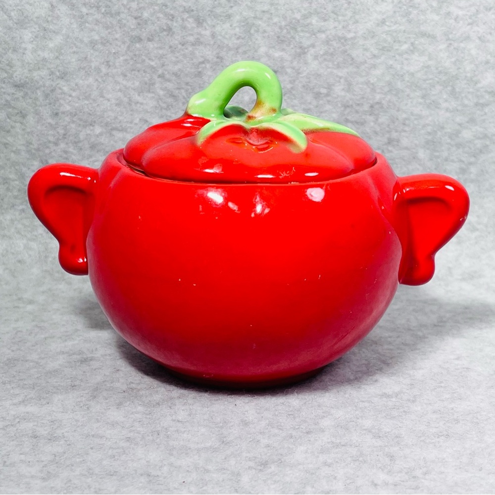 Vintage The Pantry Parade Tomato Red Sugar Bowl & Lid Dish + Handles 1940s USA